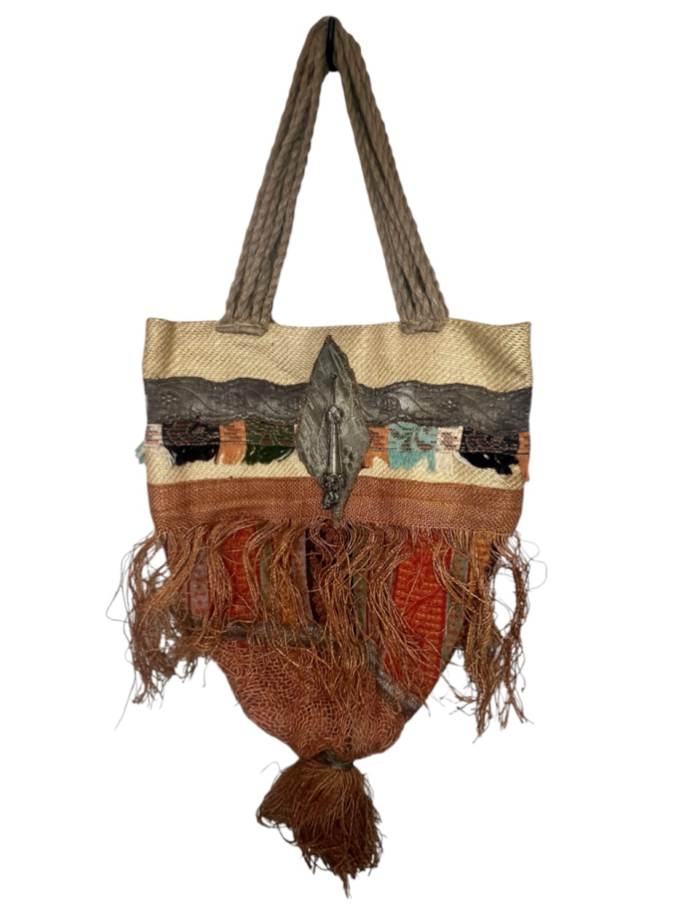 Lisandro Sarasola Boho Fringe Layered Textile Art Shoulder Tote Bag Rope Straps